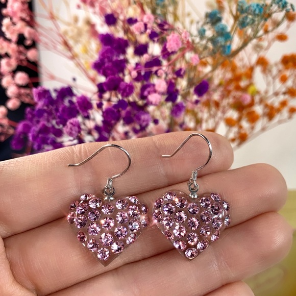 Women’s heart shape transparent acrylic earrings embellished with pink crystals - Picture 7 of 12